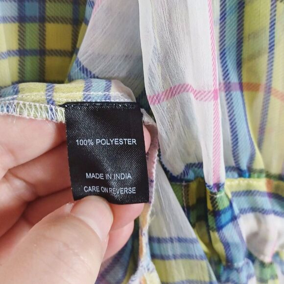 Torrid Plus Sz 1 Tie-Waist Plaid Duster Kimono Yellow Blue Pink Midi Cover-Up - Picture 12 of 13